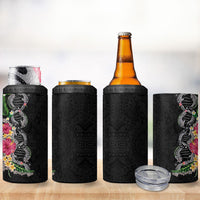 Hawaii DNA Kakau Tattoo 4 in 1 Can Cooler Tumbler with Plumeria and Hibiscus Tropical Plants Black Color LT03 - Polynesian Pride