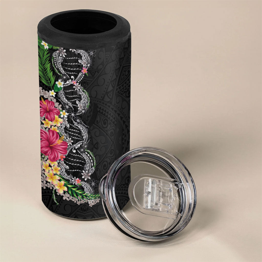Hawaii DNA Kakau Tattoo 4 in 1 Can Cooler Tumbler with Plumeria and Hibiscus Tropical Plants Black Color LT03 - Polynesian Pride