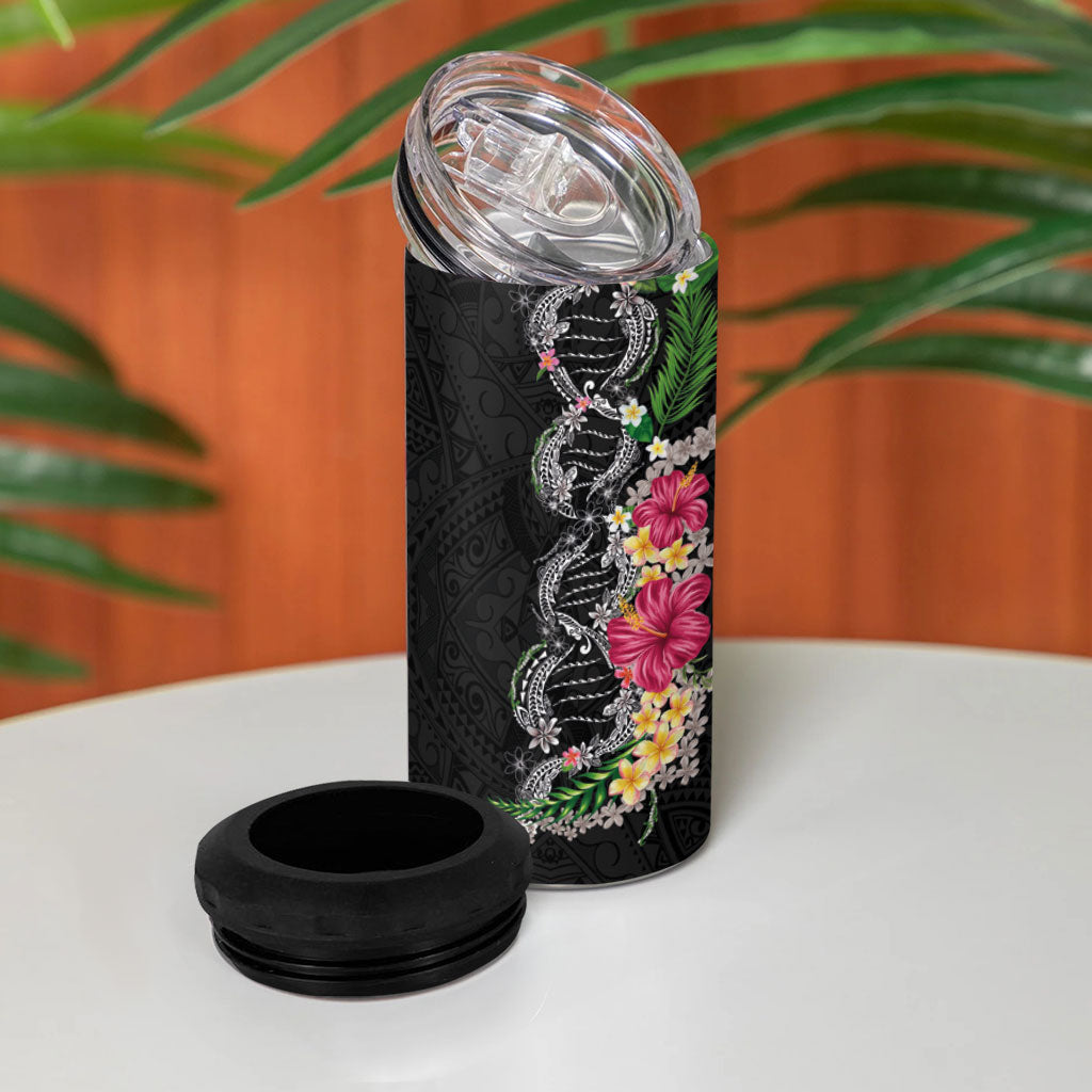 Hawaii DNA Kakau Tattoo 4 in 1 Can Cooler Tumbler with Plumeria and Hibiscus Tropical Plants Black Color LT03 - Polynesian Pride