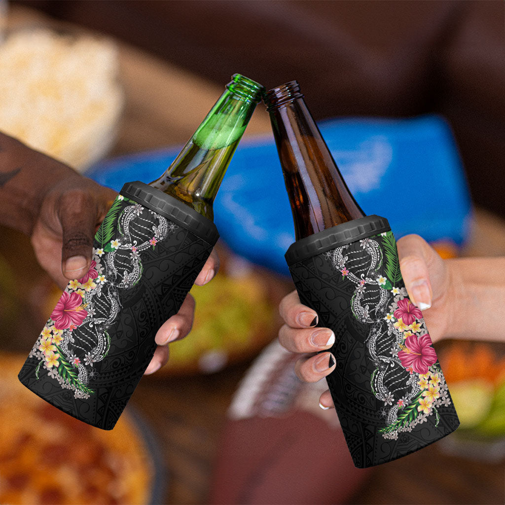 Hawaii DNA Kakau Tattoo 4 in 1 Can Cooler Tumbler with Plumeria and Hibiscus Tropical Plants Black Color LT03 - Polynesian Pride