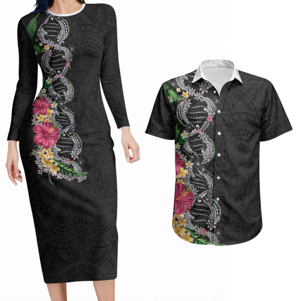 Hawaii DNA Kakau Tattoo Couples Matching Long Sleeve Bodycon Dress and Hawaiian Shirt with Plumeria and Hibiscus Tropical Plants Black Color LT03 Black - Polynesian Pride