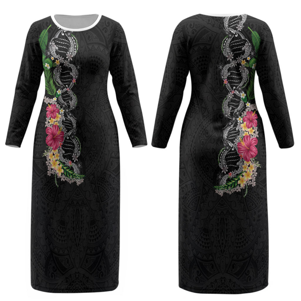 Hawaii DNA Kakau Tattoo Couples Matching Long Sleeve Bodycon Dress and Hawaiian Shirt with Plumeria and Hibiscus Tropical Plants Black Color LT03 - Polynesian Pride