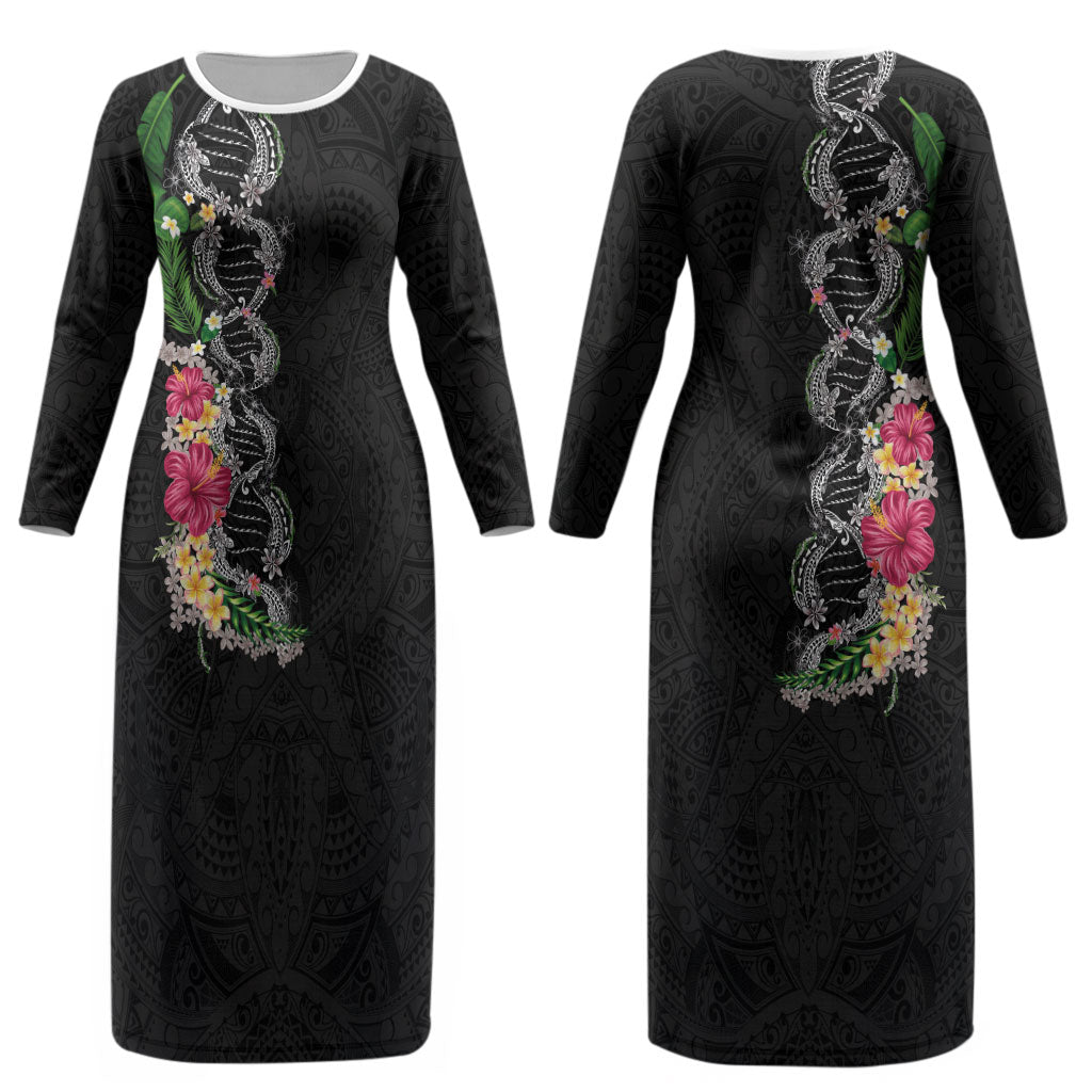Hawaii DNA Kakau Tattoo Couples Matching Long Sleeve Bodycon Dress and Long Sleeve Button Shirt with Plumeria and Hibiscus Tropical Plants Black Color LT03 - Polynesian Pride