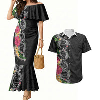 Hawaii DNA Kakau Tattoo Couples Matching Mermaid Dress and Hawaiian Shirt with Plumeria and Hibiscus Tropical Plants Black Color LT03 Black - Polynesian Pride