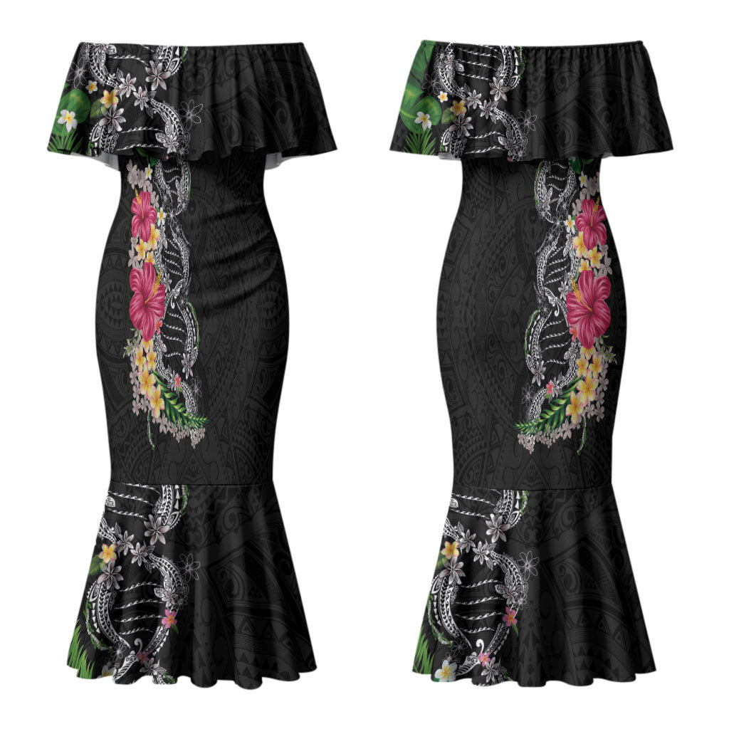 Hawaii DNA Kakau Tattoo Couples Matching Mermaid Dress and Hawaiian Shirt with Plumeria and Hibiscus Tropical Plants Black Color LT03 - Polynesian Pride
