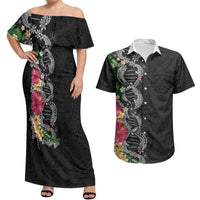 Hawaii DNA Kakau Tattoo Couples Matching Off Shoulder Maxi Dress and Hawaiian Shirt with Plumeria and Hibiscus Tropical Plants Black Color LT03 Black - Polynesian Pride