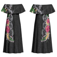 Hawaii DNA Kakau Tattoo Couples Matching Off Shoulder Maxi Dress and Hawaiian Shirt with Plumeria and Hibiscus Tropical Plants Black Color LT03 - Polynesian Pride