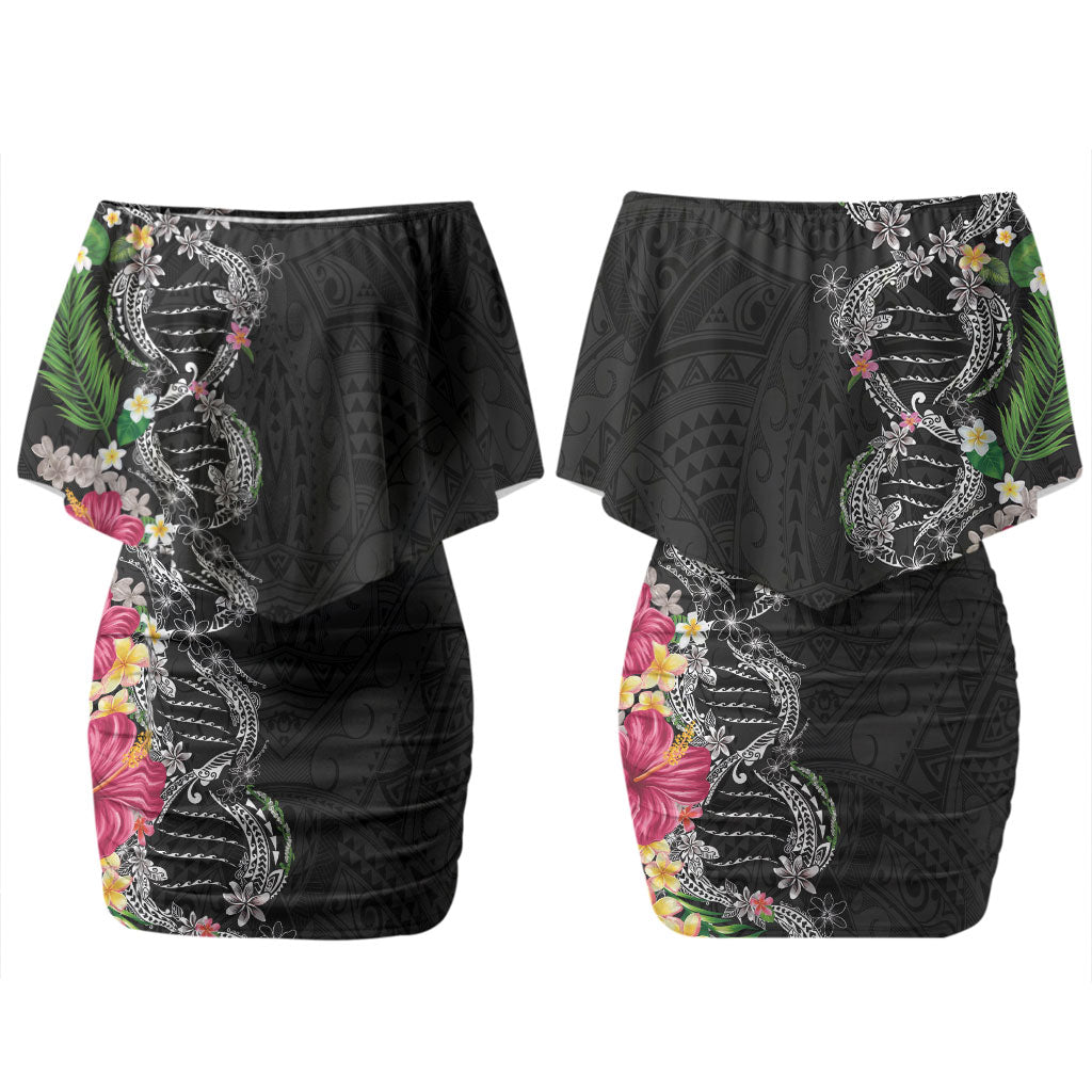 Hawaii DNA Kakau Tattoo Couples Matching Off Shoulder Short Dress and Long Sleeve Button Shirt with Plumeria and Hibiscus Tropical Plants Black Color