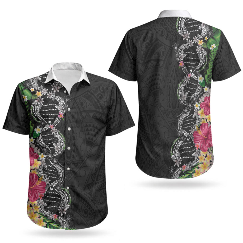 Hawaii DNA Kakau Tattoo Couples Matching Off The Shoulder Long Sleeve Dress and Hawaiian Shirt with Plumeria and Hibiscus Tropical Plants Black Color LT03 - Polynesian Pride