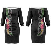 Hawaii DNA Kakau Tattoo Couples Matching Off The Shoulder Long Sleeve Dress and Hawaiian Shirt with Plumeria and Hibiscus Tropical Plants Black Color LT03 - Polynesian Pride