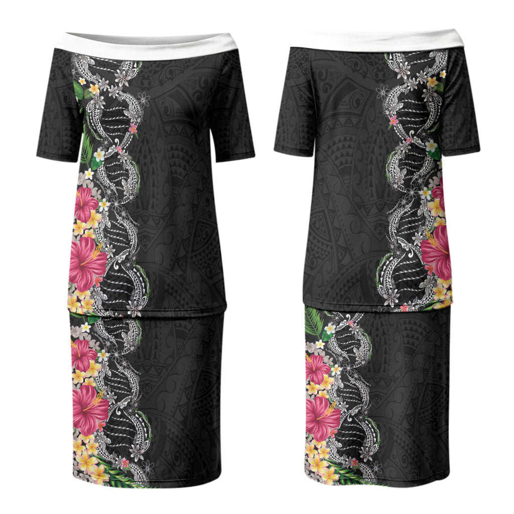 Hawaii DNA Kakau Tattoo Couples Matching Puletasi and Long Sleeve Button Shirt with Plumeria and Hibiscus Tropical Plants Black Color LT03 - Polynesian Pride
