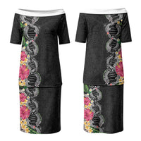 Hawaii DNA Kakau Tattoo Couples Matching Puletasi and Long Sleeve Button Shirt with Plumeria and Hibiscus Tropical Plants Black Color LT03 - Polynesian Pride