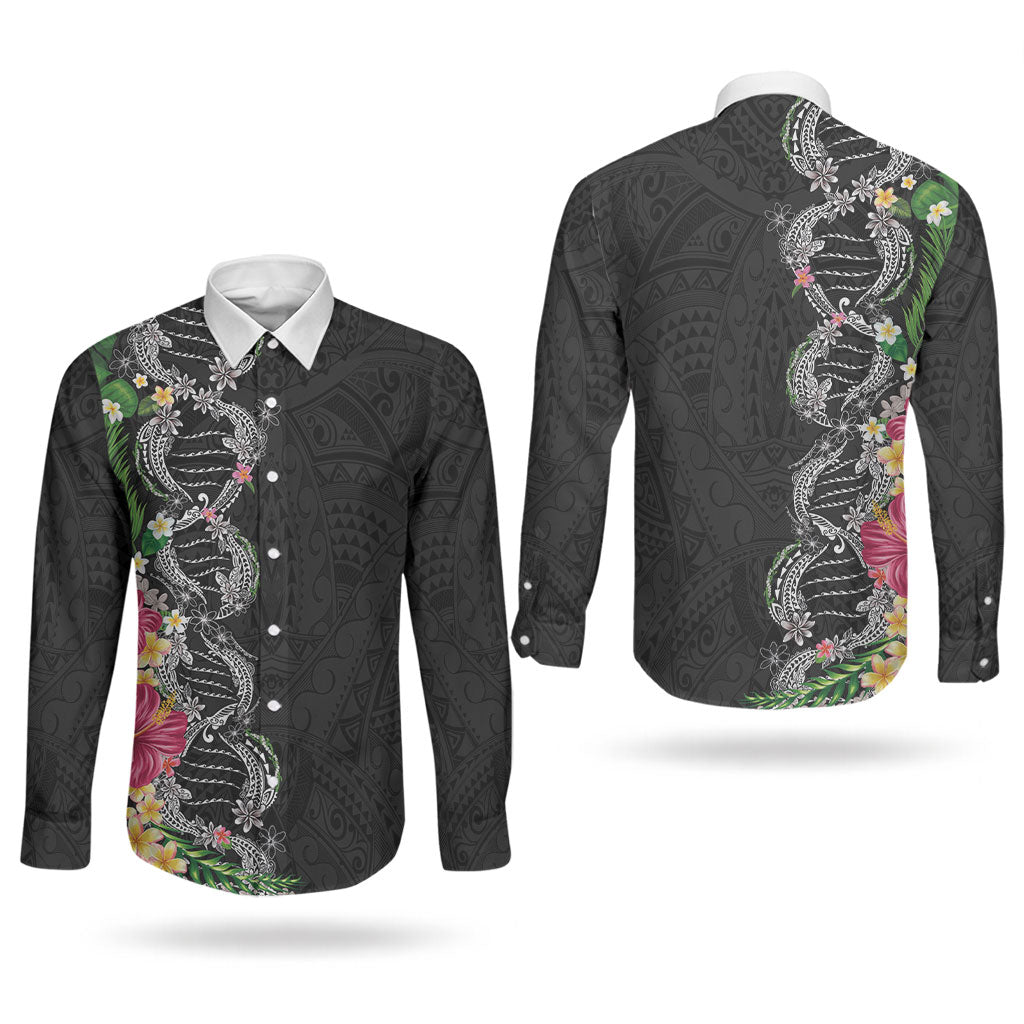 Hawaii DNA Kakau Tattoo Couples Matching Short Sleeve Bodycon Dress and Long Sleeve Button Shirt with Plumeria and Hibiscus Tropical Plants Black Color LT03 - Polynesian Pride