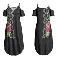 Hawaii DNA Kakau Tattoo Couples Matching Summer Maxi Dress and Hawaiian Shirt with Plumeria and Hibiscus Tropical Plants Black Color LT03 - Polynesian Pride