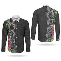 Hawaii DNA Kakau Tattoo Couples Matching Tank Maxi Dress and Long Sleeve Button Shirt with Plumeria and Hibiscus Tropical Plants Black Color LT03 - Polynesian Pride