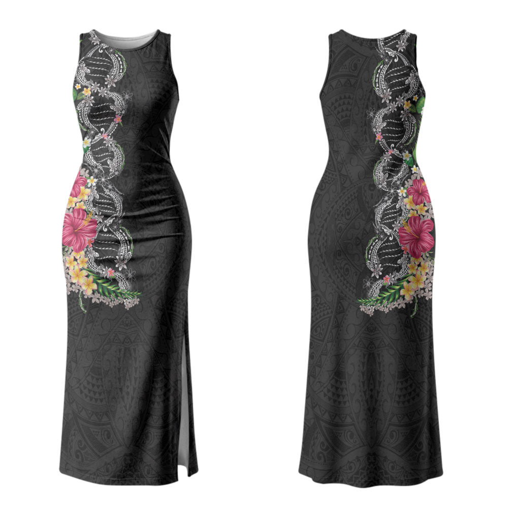 Hawaii DNA Kakau Tattoo Couples Matching Tank Maxi Dress and Long Sleeve Button Shirt with Plumeria and Hibiscus Tropical Plants Black Color LT03 - Polynesian Pride