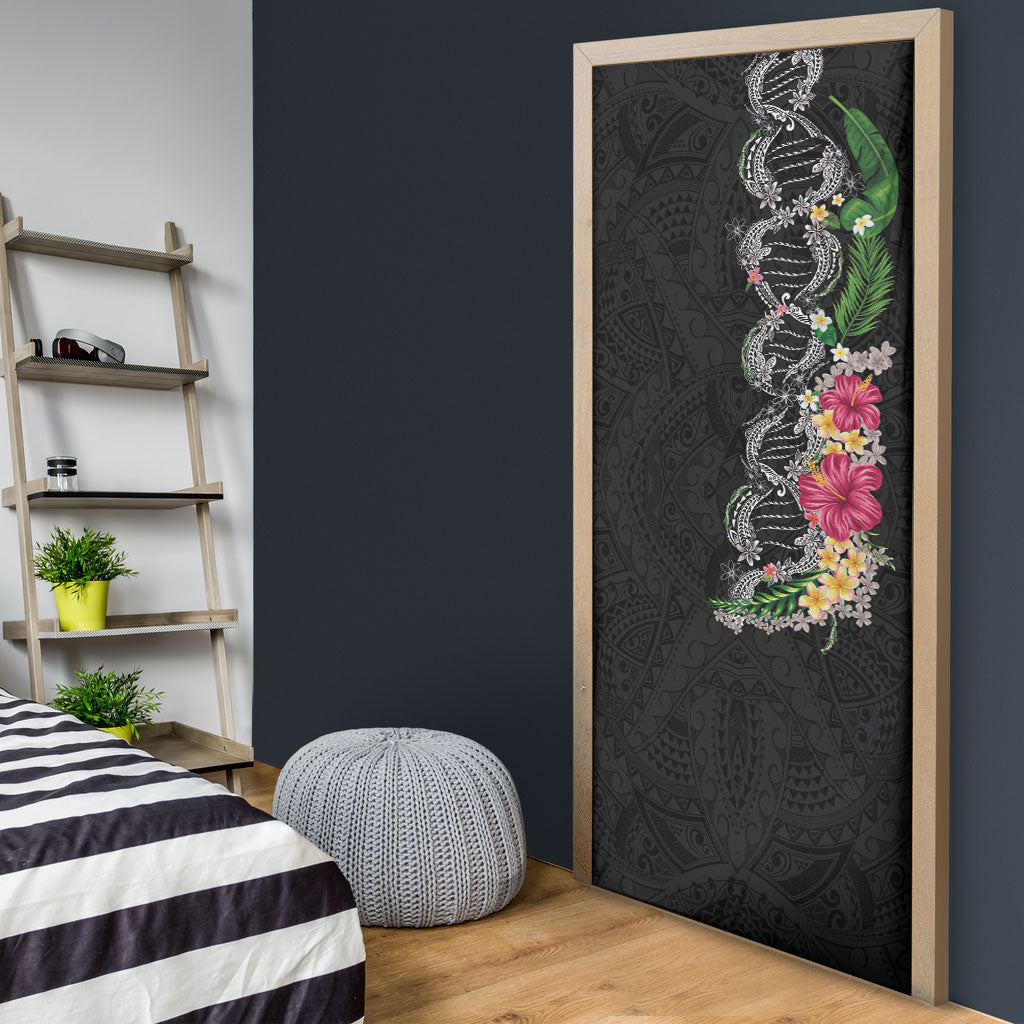 Hawaii DNA Kakau Tattoo Door Cover with Plumeria and Hibiscus Tropical Plants Black Color LT03 - Polynesian Pride