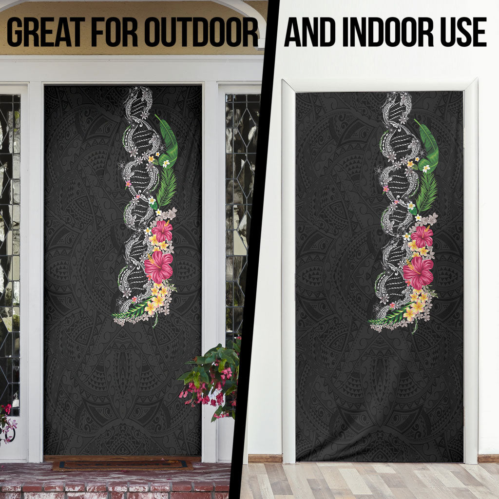 Hawaii DNA Kakau Tattoo Door Cover with Plumeria and Hibiscus Tropical Plants Black Color LT03 - Polynesian Pride