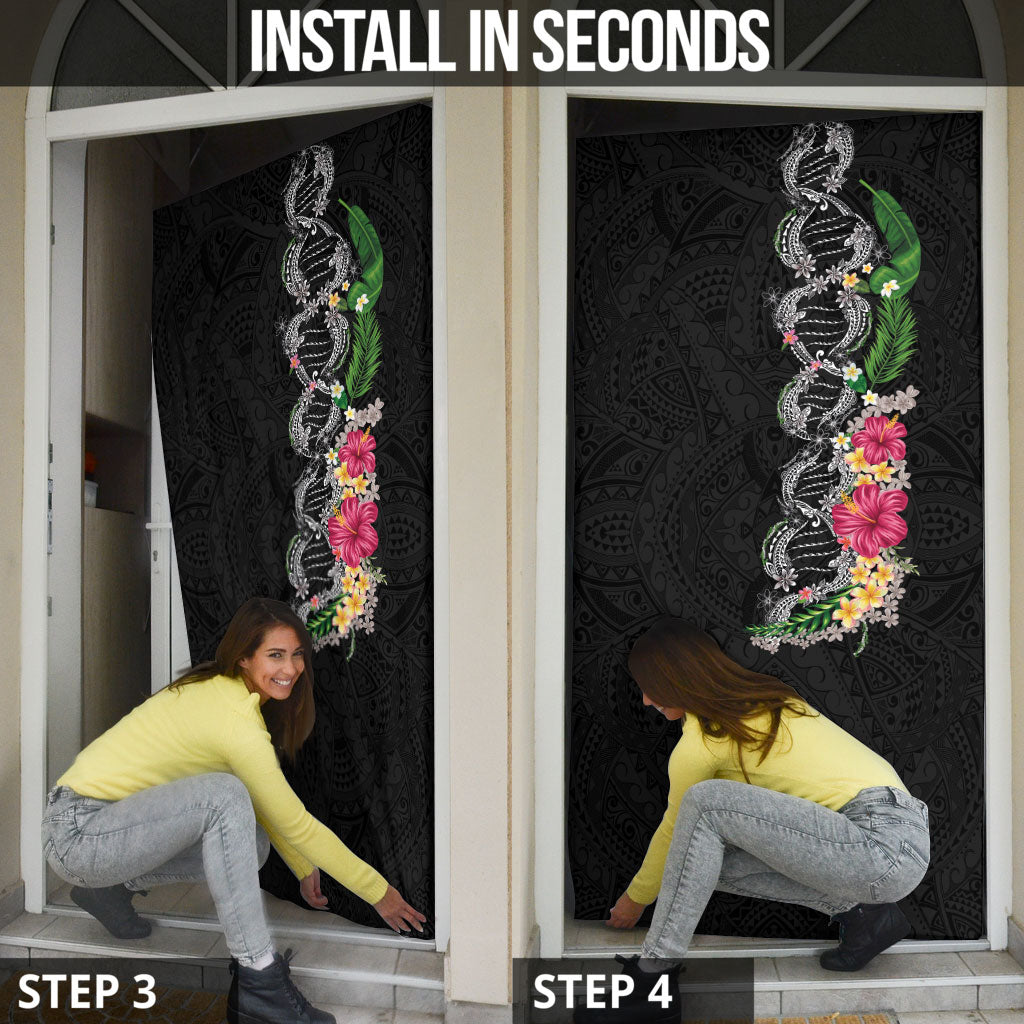 Hawaii DNA Kakau Tattoo Door Cover with Plumeria and Hibiscus Tropical Plants Black Color LT03 - Polynesian Pride