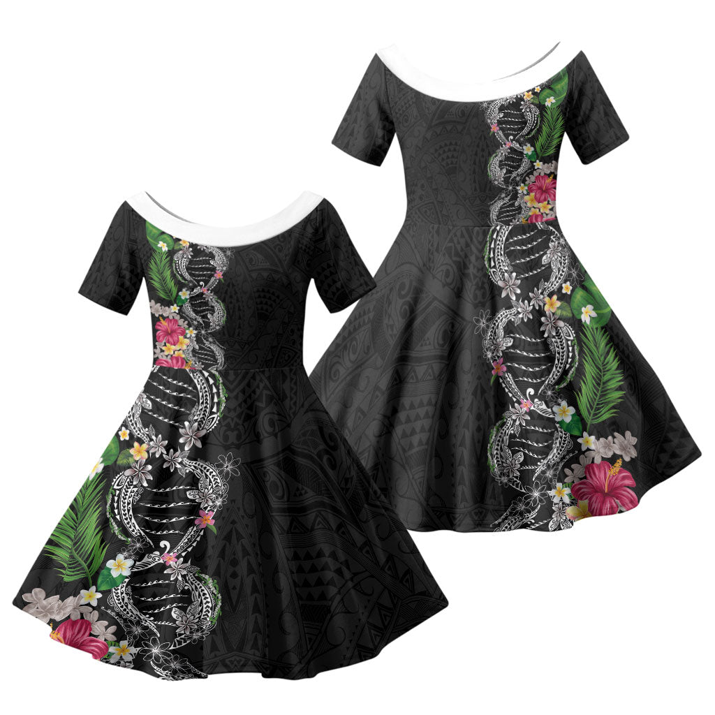 Hawaii DNA Kakau Tattoo Family Matching Mermaid Dress and Hawaiian Shirt with Plumeria and Hibiscus Tropical Plants Black Color LT03 Daughter's Dress Black - Polynesian Pride