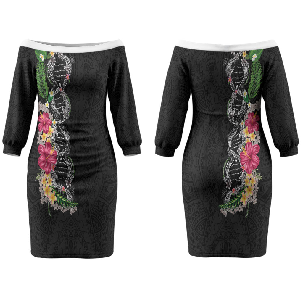 Hawaii DNA Kakau Tattoo Family Matching Off The Shoulder Long Sleeve Dress and Hawaiian Shirt with Plumeria and Hibiscus Tropical Plants Black Color LT03 Mom's Dress Black - Polynesian Pride