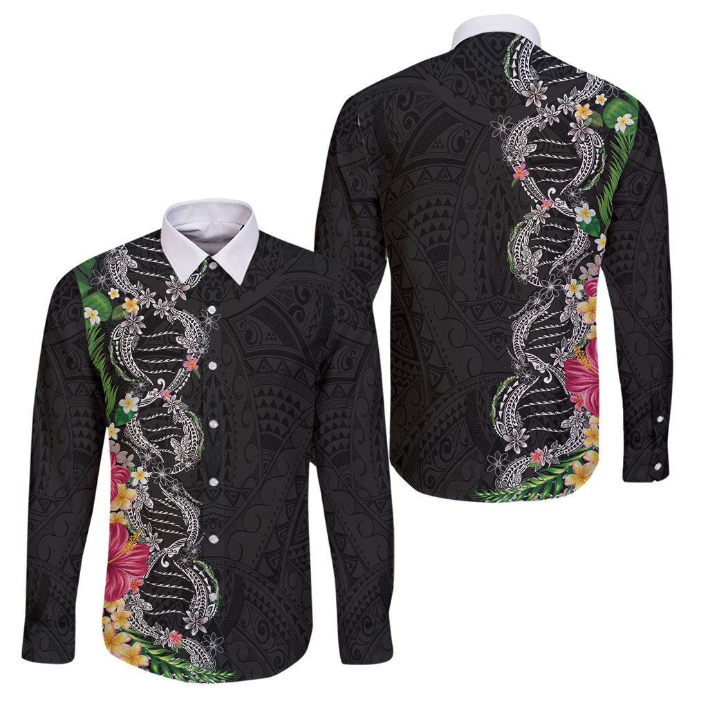 Hawaii DNA Kakau Tattoo Family Matching Off The Shoulder Long Sleeve Dress and Hawaiian Shirt with Plumeria and Hibiscus Tropical Plants Black Color LT03 Dad's Shirt - Long Sleeve Black - Polynesian Pride