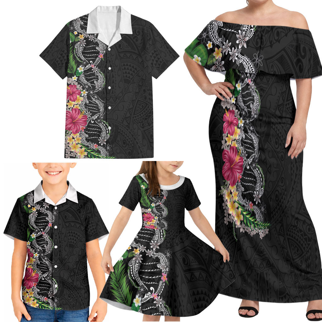 Hawaii DNA Kakau Tattoo Family Matching Off Shoulder Maxi Dress and Hawaiian Shirt with Plumeria and Hibiscus Tropical Plants Black Color LT03 - Polynesian Pride