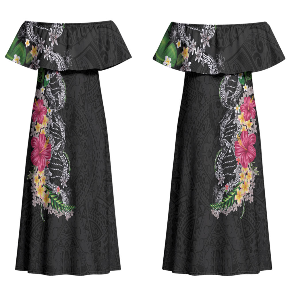 Hawaii DNA Kakau Tattoo Family Matching Off Shoulder Maxi Dress and Hawaiian Shirt with Plumeria and Hibiscus Tropical Plants Black Color LT03 Mom's Dress Black - Polynesian Pride