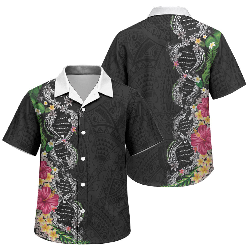 Hawaii DNA Kakau Tattoo Family Matching Off Shoulder Short Dress and Hawaiian Shirt with Plumeria and Hibiscus Tropical Plants Black Color LT03 Son's Shirt Black - Polynesian Pride