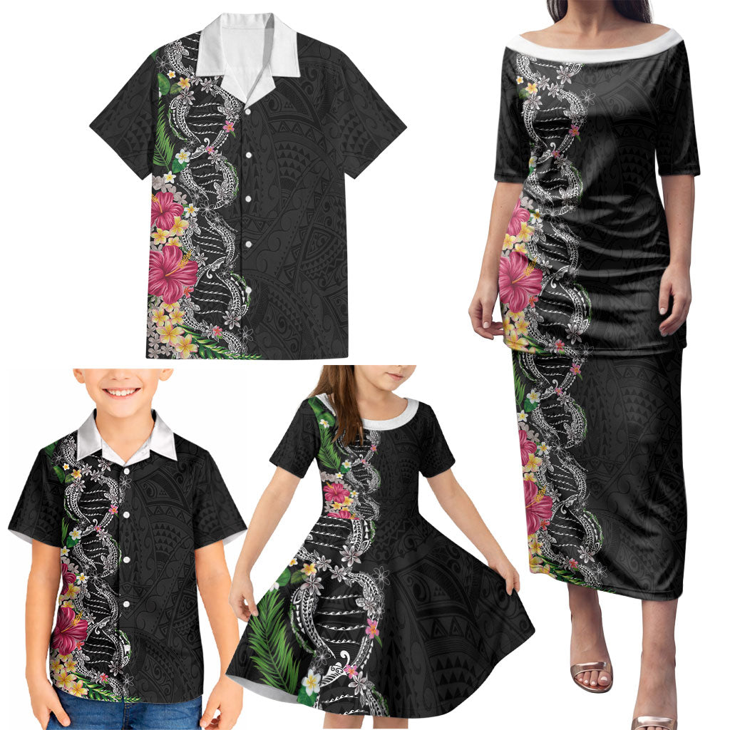 Hawaii DNA Kakau Tattoo Family Matching Puletasi and Hawaiian Shirt with Plumeria and Hibiscus Tropical Plants Black Color LT03 - Polynesian Pride