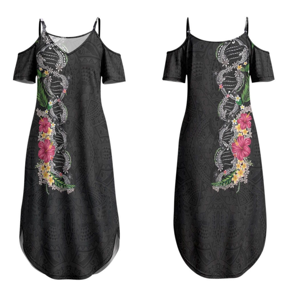 Hawaii DNA Kakau Tattoo Family Matching Summer Maxi Dress and Hawaiian Shirt with Plumeria and Hibiscus Tropical Plants Black Color LT03 Mom's Dress Black - Polynesian Pride