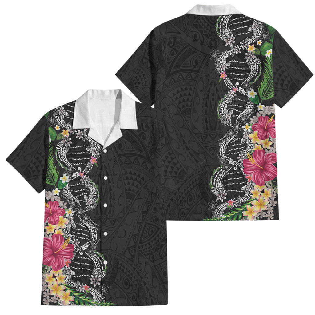 Hawaii DNA Kakau Tattoo Family Matching Summer Maxi Dress and Hawaiian Shirt with Plumeria and Hibiscus Tropical Plants Black Color LT03 Dad's Shirt - Short Sleeve Black - Polynesian Pride