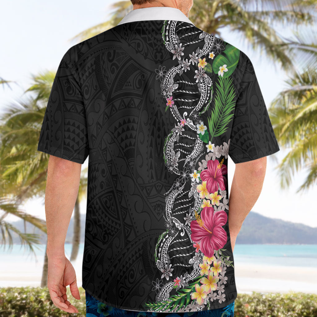 Hawaii DNA Kakau Tattoo Hawaiian Shirt with Plumeria and Hibiscus Tropical Plants Black Color