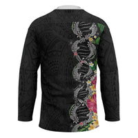 Hawaii DNA Kakau Tattoo Hockey Jersey with Plumeria and Hibiscus Tropical Plants Black Color