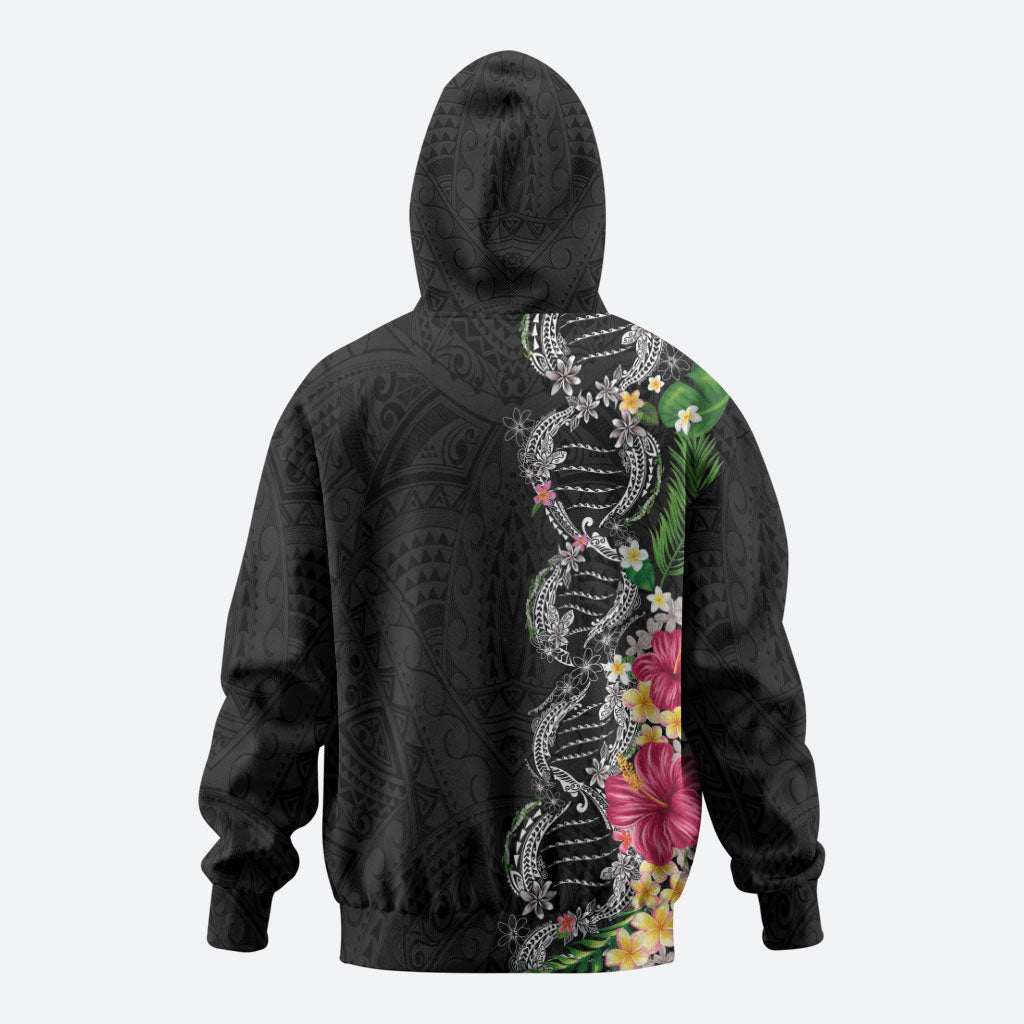 Hawaii DNA Kakau Tattoo Hoodie with Plumeria and Hibiscus Tropical Plants Black Color
