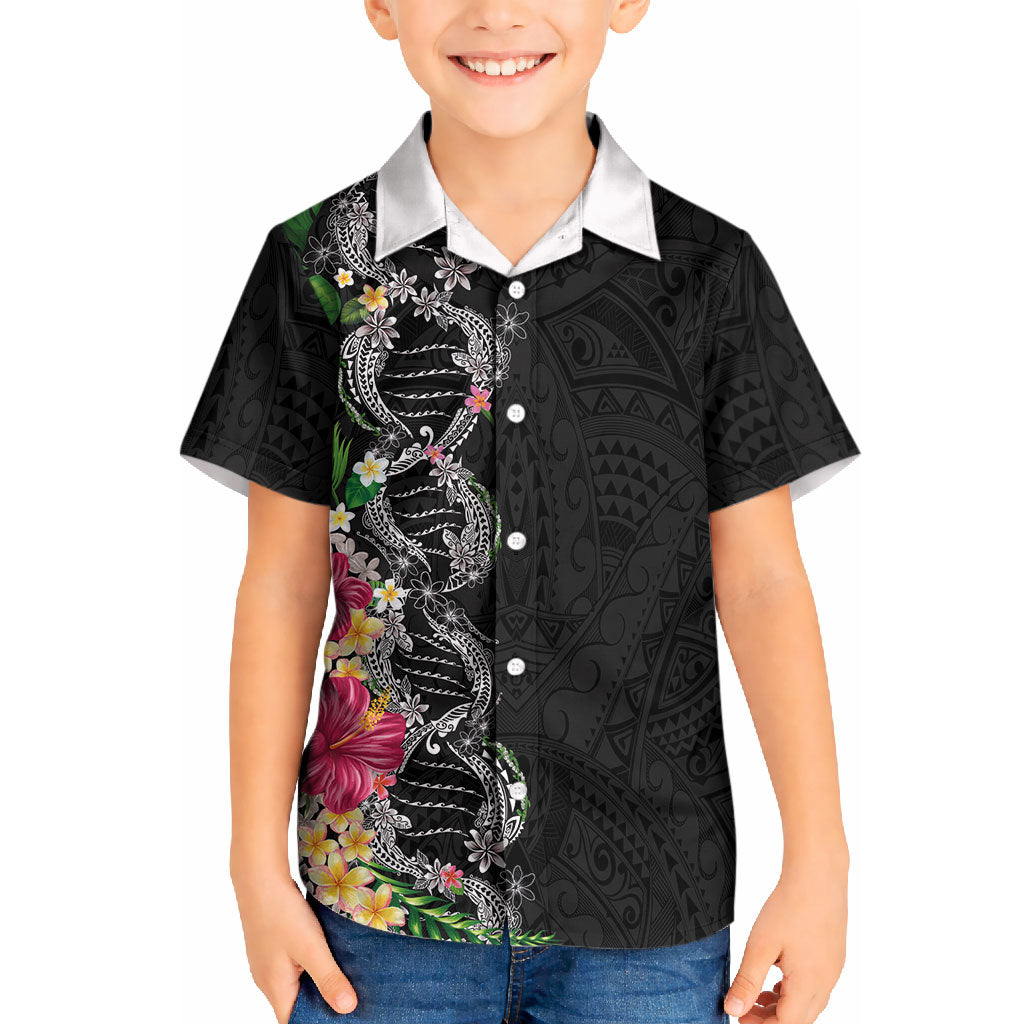 Hawaii DNA Kakau Tattoo Kid Hawaiian Shirt with Plumeria and Hibiscus Tropical Plants Black Color LT03 Kid Black - Polynesian Pride