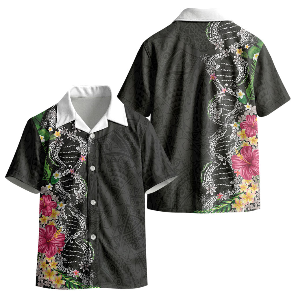 Hawaii DNA Kakau Tattoo Kid Hawaiian Shirt with Plumeria and Hibiscus Tropical Plants Black Color