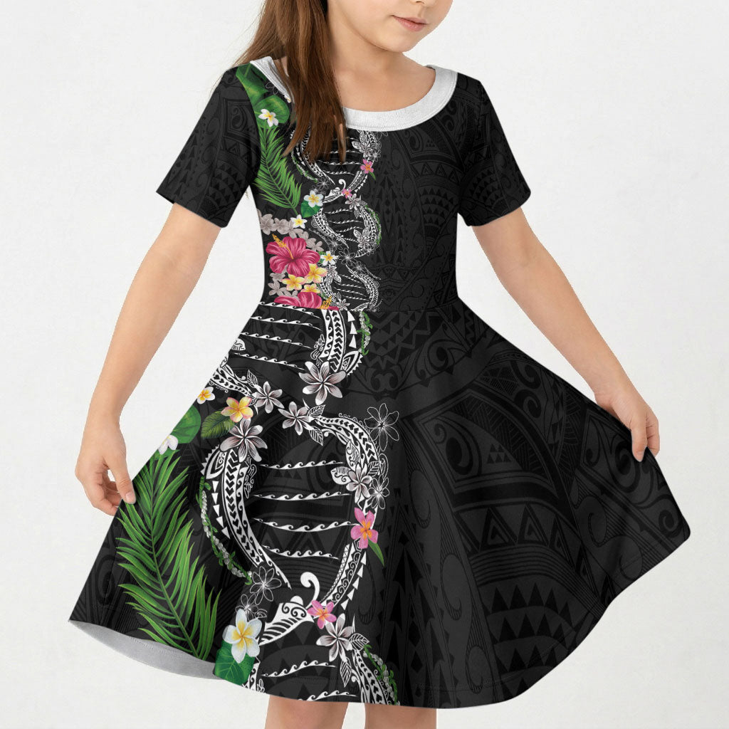 Hawaii DNA Kakau Tattoo Kid Short Sleeve Dress with Plumeria and Hibiscus Tropical Plants Black Color