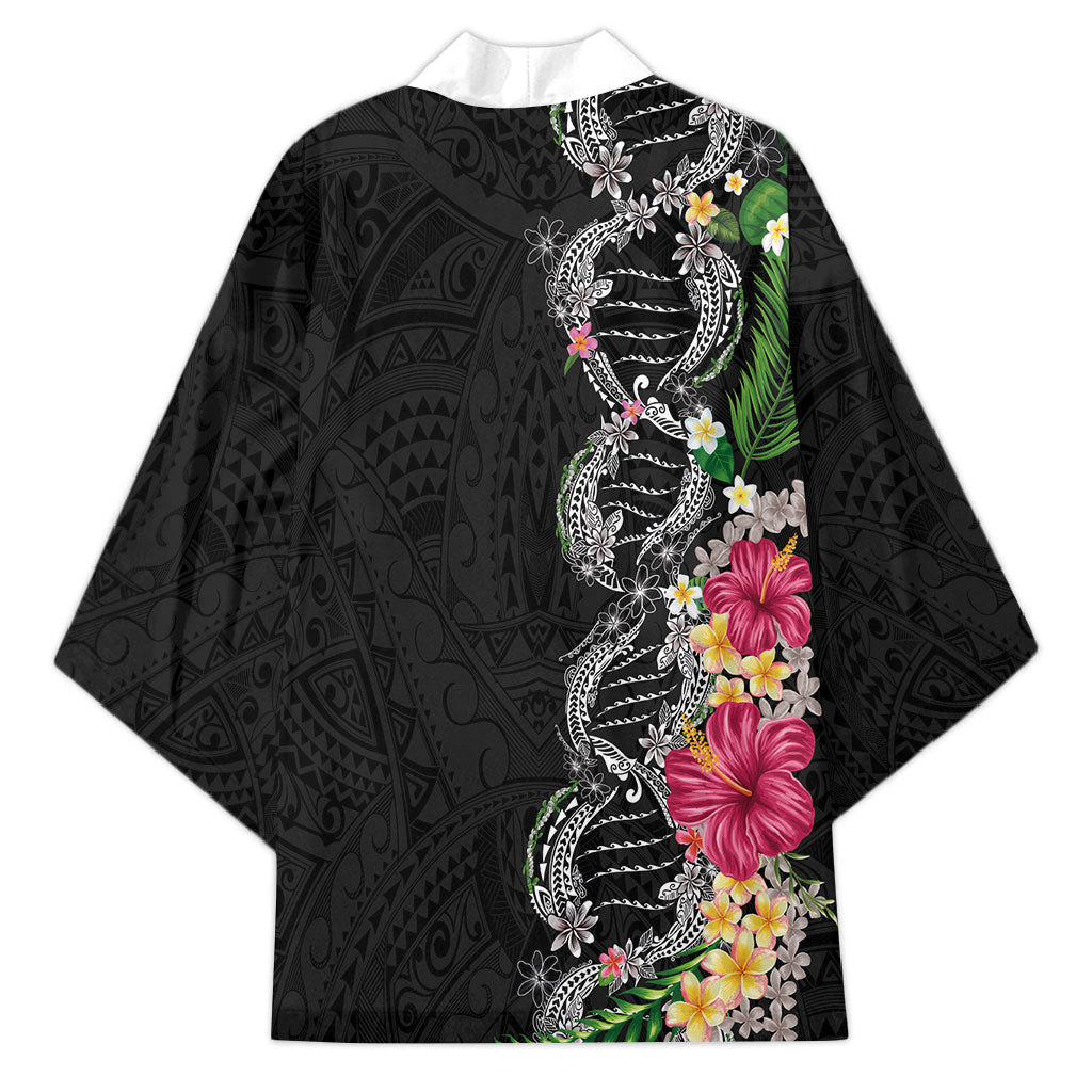 Hawaii DNA Kakau Tattoo Kimono with Plumeria and Hibiscus Tropical Plants Black Color