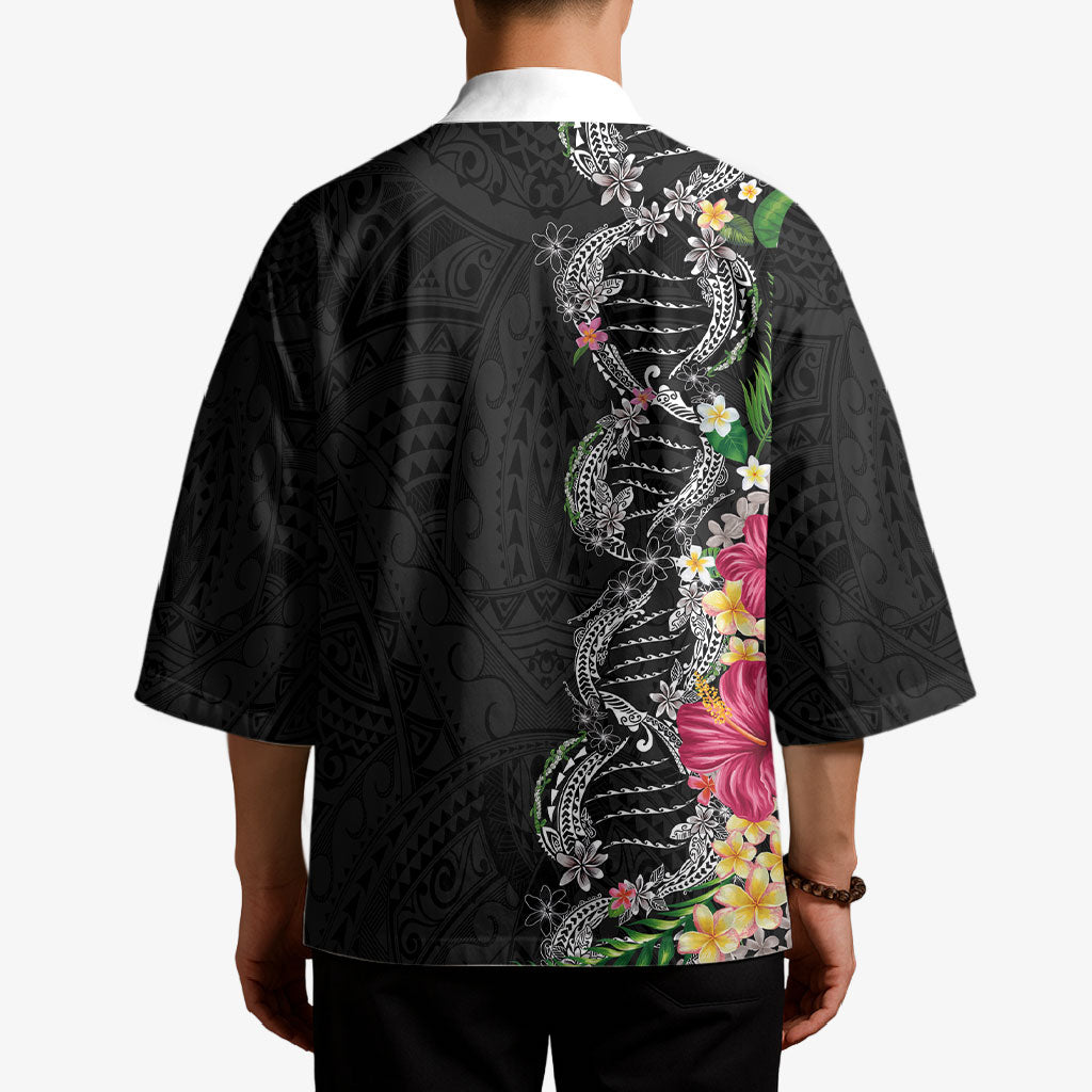 Hawaii DNA Kakau Tattoo Kimono with Plumeria and Hibiscus Tropical Plants Black Color