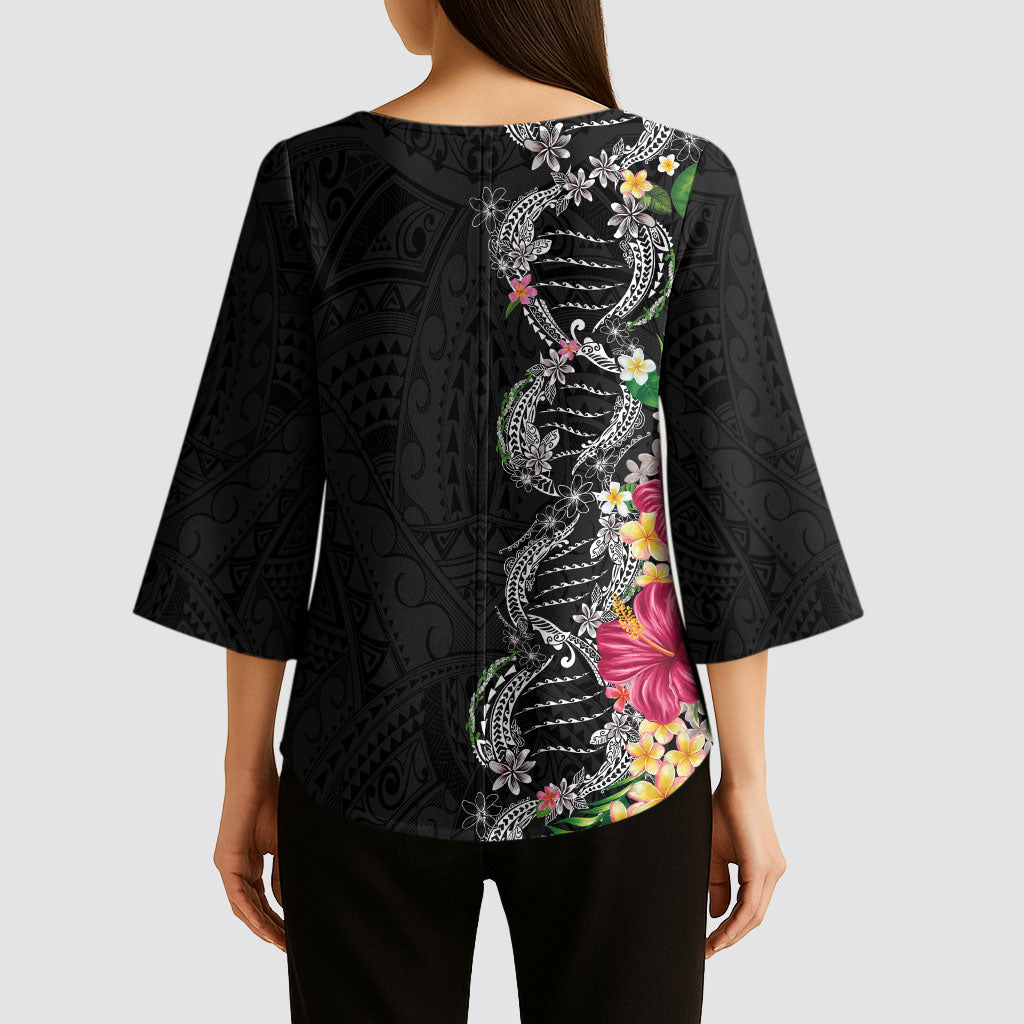 Hawaii DNA Kakau Tattoo Kimono Sleeve Blouse with Plumeria and Hibiscus Tropical Plants Black Color