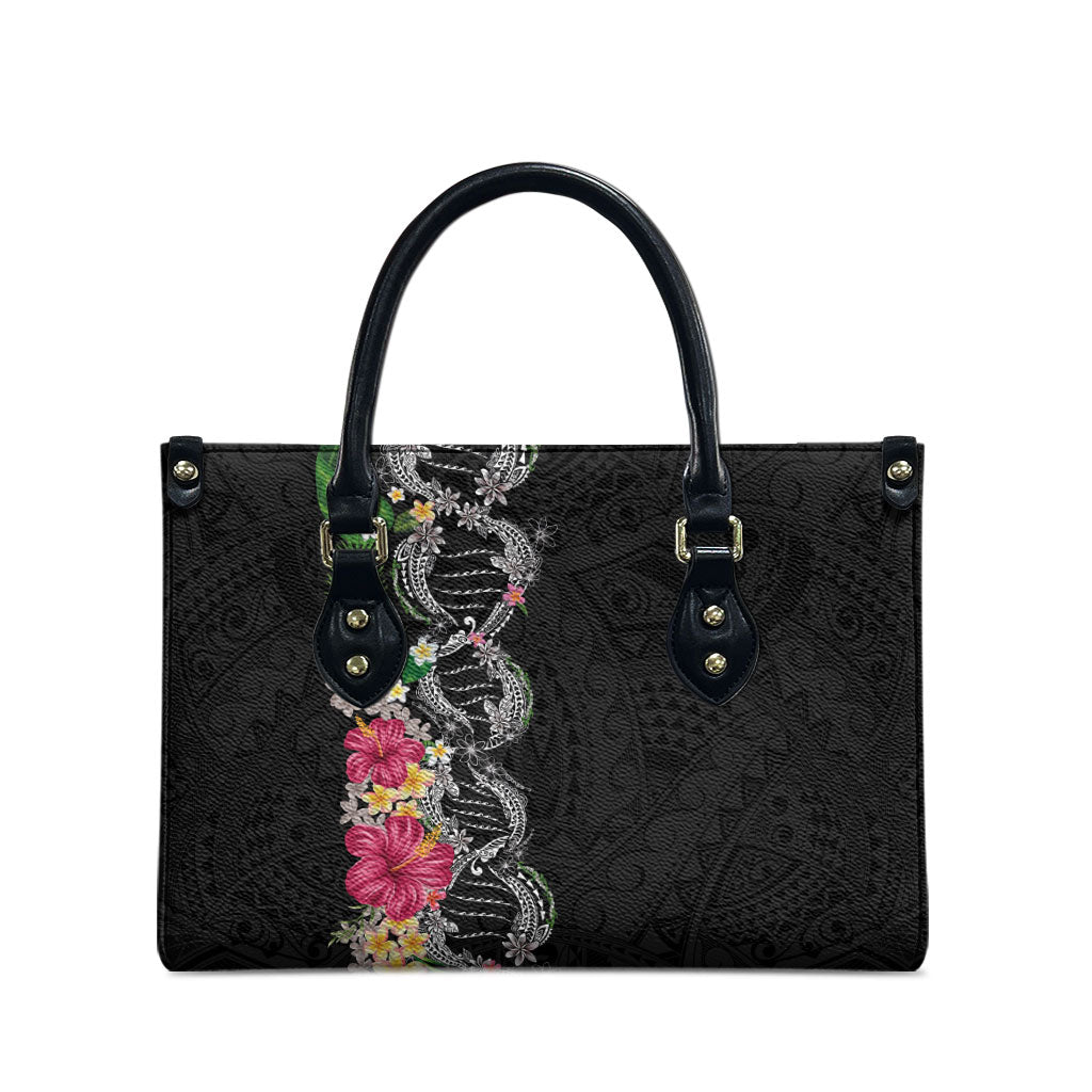 Hawaii DNA Kakau Tattoo Leather Bag with Plumeria and Hibiscus Tropical Plants Black Color LT03 - Polynesian Pride