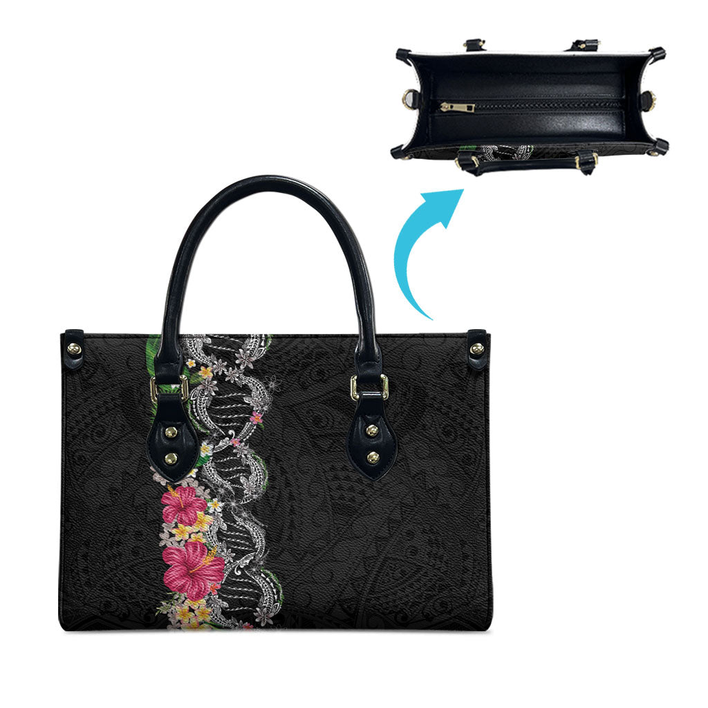 Hawaii DNA Kakau Tattoo Leather Bag with Plumeria and Hibiscus Tropical Plants Black Color LT03 - Polynesian Pride
