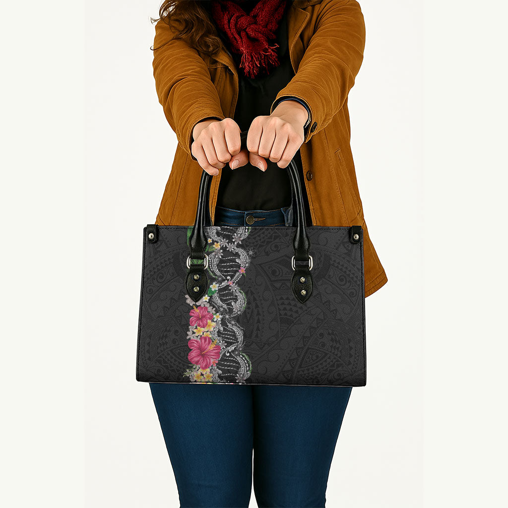 Hawaii DNA Kakau Tattoo Leather Bag with Plumeria and Hibiscus Tropical Plants Black Color LT03 - Polynesian Pride