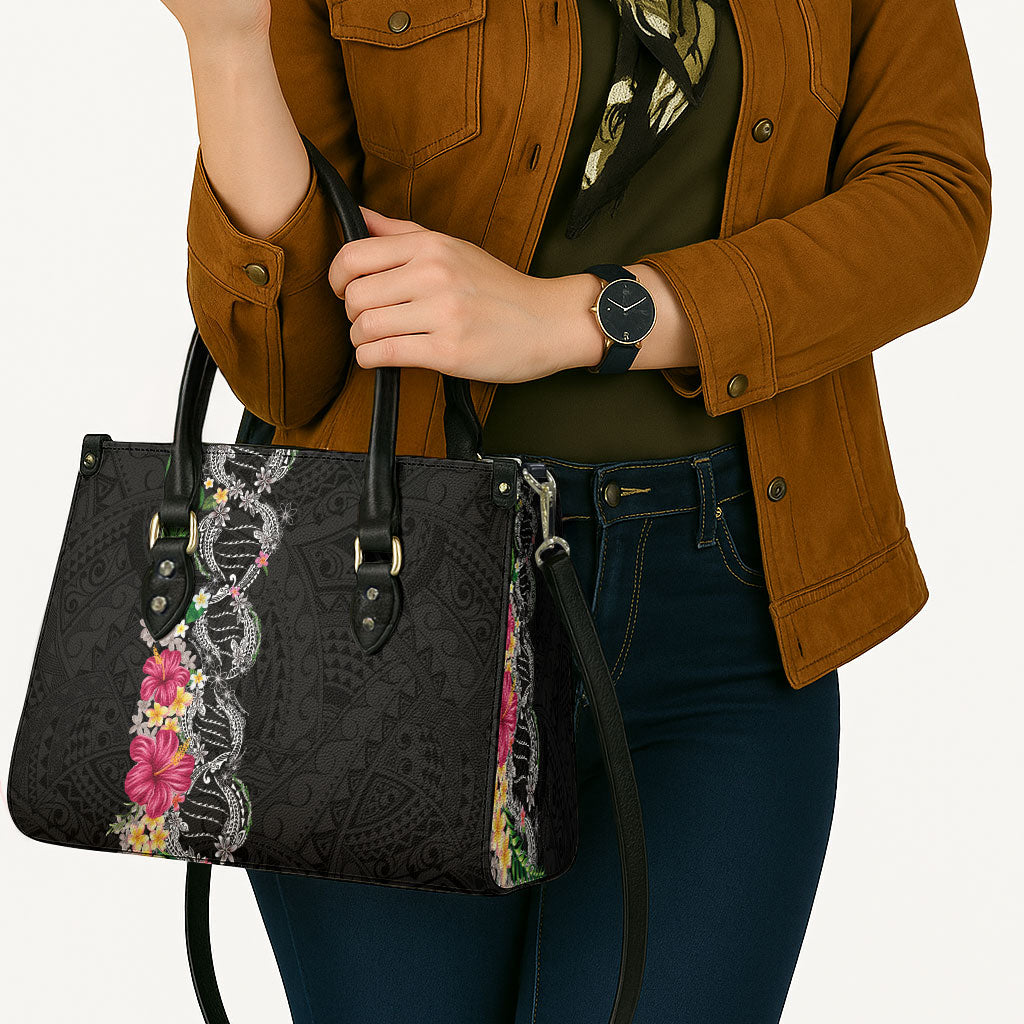Hawaii DNA Kakau Tattoo Leather Bag with Plumeria and Hibiscus Tropical Plants Black Color LT03 - Polynesian Pride