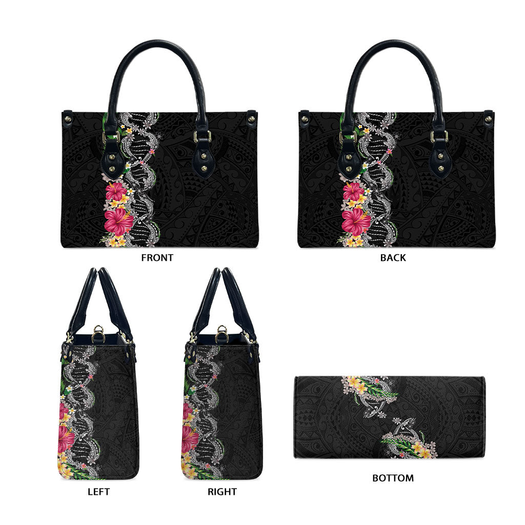 Hawaii DNA Kakau Tattoo Leather Bag with Plumeria and Hibiscus Tropical Plants Black Color LT03 - Polynesian Pride