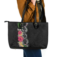 Hawaii DNA Kakau Tattoo Leather Tote Bag with Plumeria and Hibiscus Tropical Plants Black Color LT03 - Polynesian Pride