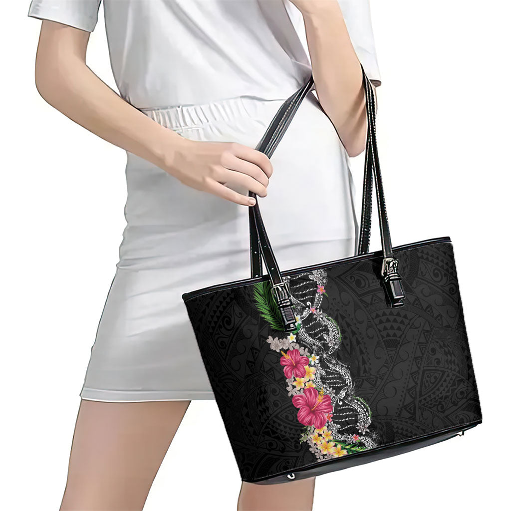 Hawaii DNA Kakau Tattoo Leather Tote Bag with Plumeria and Hibiscus Tropical Plants Black Color LT03 - Polynesian Pride
