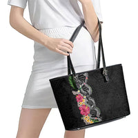 Hawaii DNA Kakau Tattoo Leather Tote Bag with Plumeria and Hibiscus Tropical Plants Black Color LT03 - Polynesian Pride