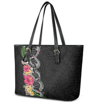 Hawaii DNA Kakau Tattoo Leather Tote Bag with Plumeria and Hibiscus Tropical Plants Black Color LT03 - Polynesian Pride